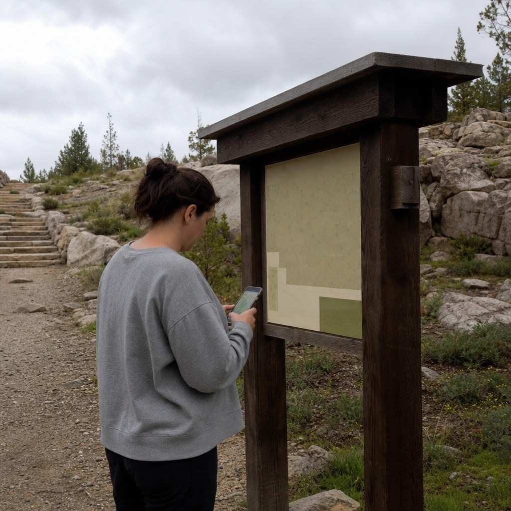 A person checking a phone map at a wooden trailhead sign