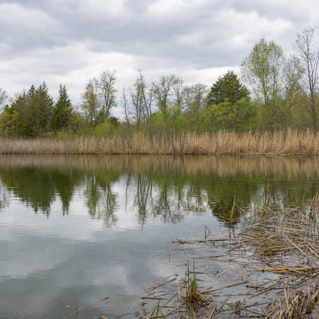 A quiet local pond with a soft reflection and a reedy habitat edge