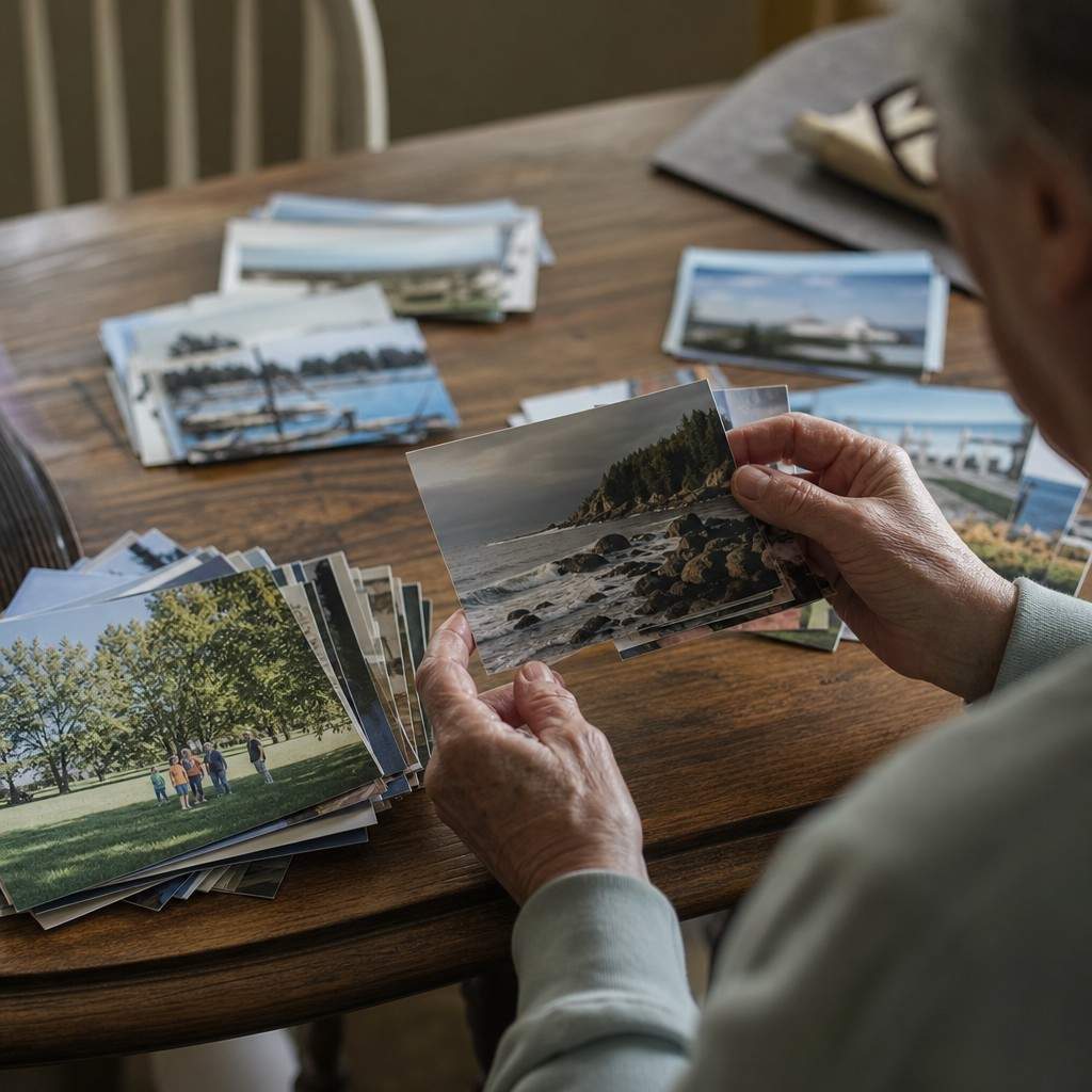 A stack of printed photos being sorted by hand on a wooden table