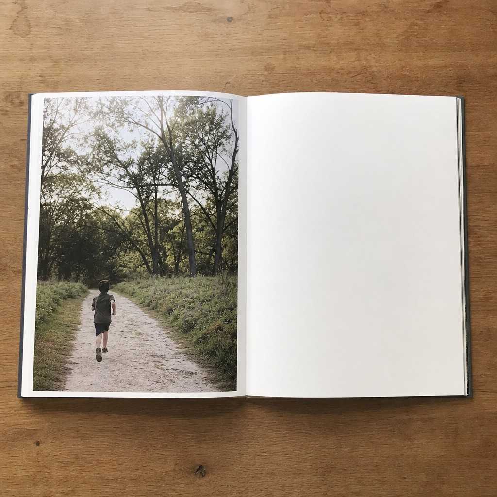 A photo book open to a clean two-page spread with one large image and white space