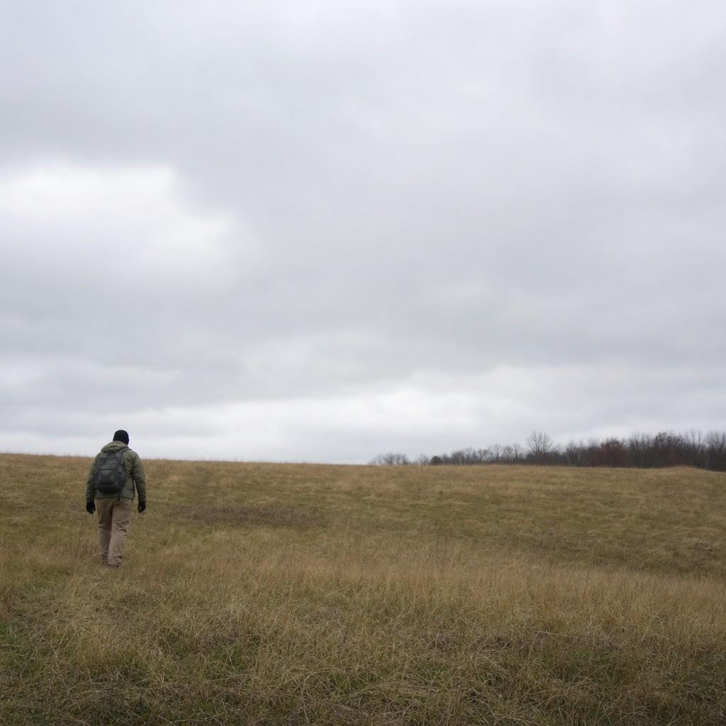 A lone walker placed off to one side of a wide field under a low horizon
