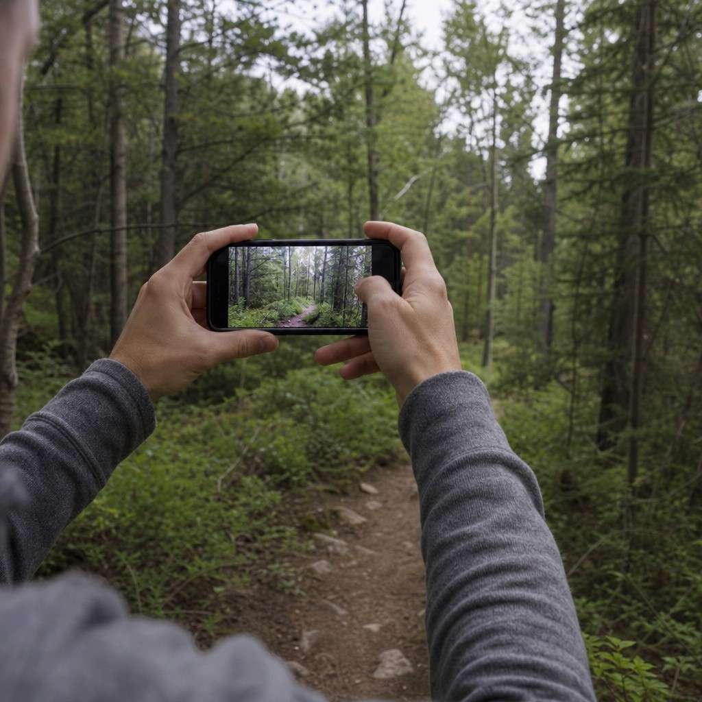 Hands holding up a smartphone to photograph a wooded trail