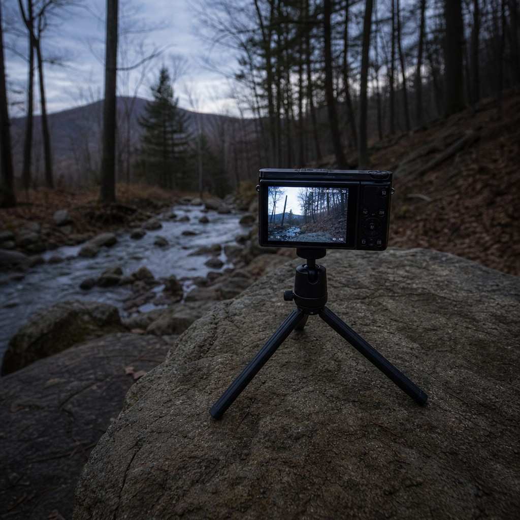 A small camera on a lightweight tabletop tripod on a trailside rock at dusk