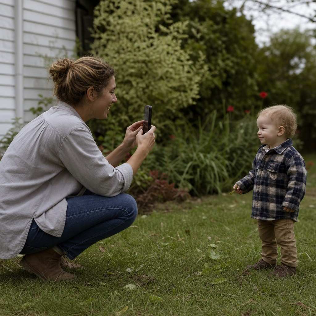 A parent crouching to a toddler's eye level to take a photo with a phone