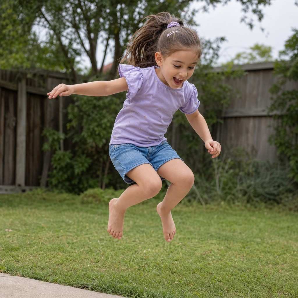 A young child caught mid-jump with both feet off the ground