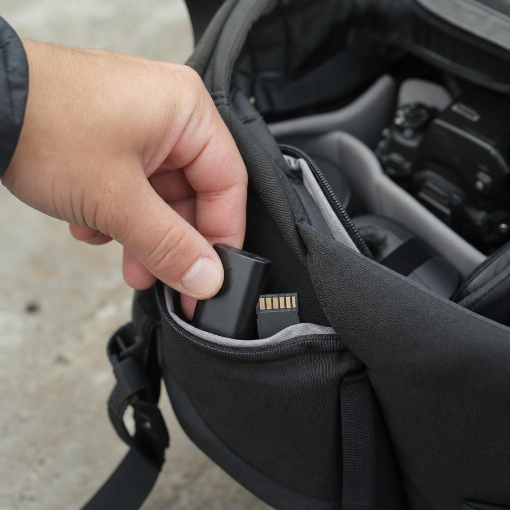A hand tucking a spare battery and memory card into a bag side pocket