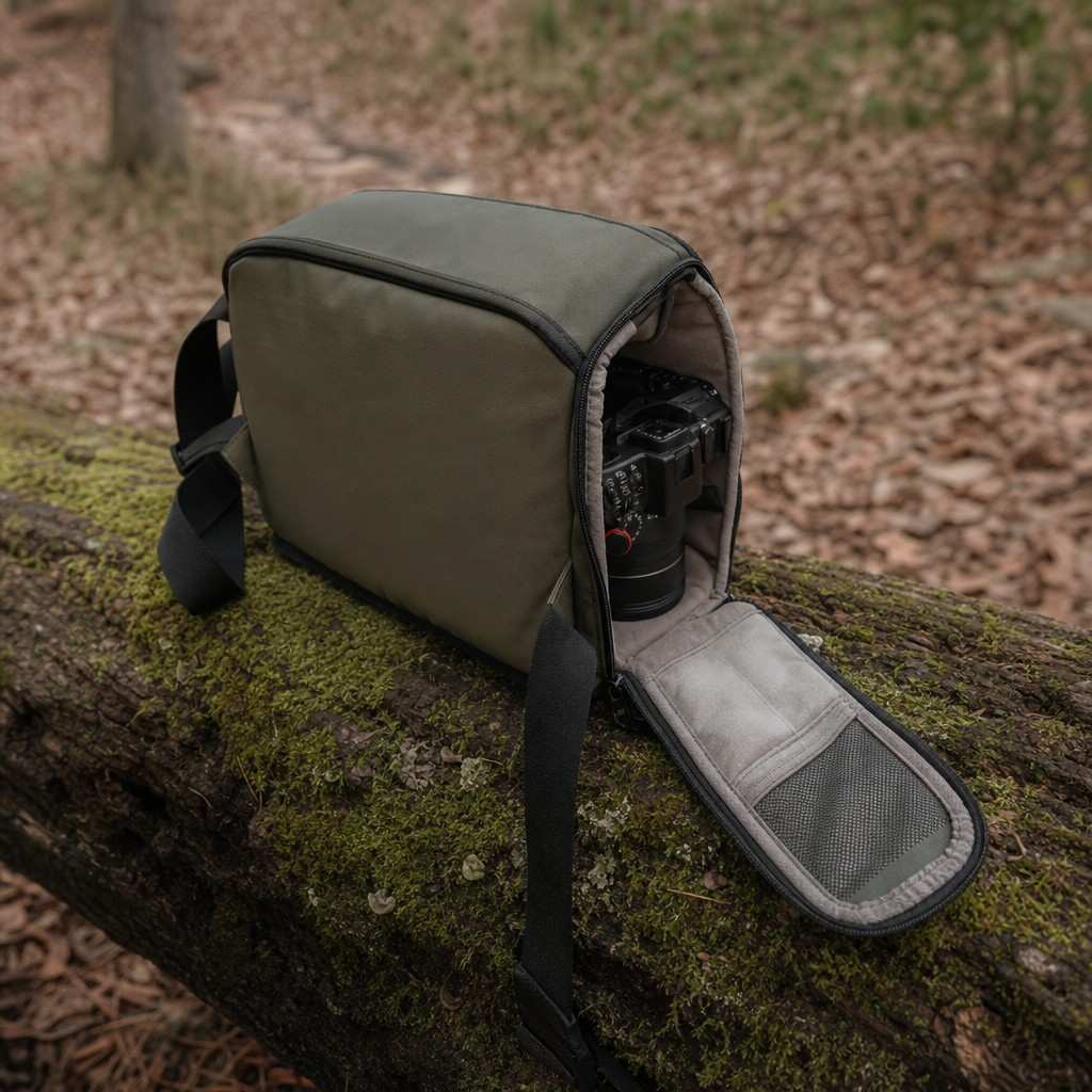 A lightweight shoulder camera bag with a fast side flap open on a mossy log